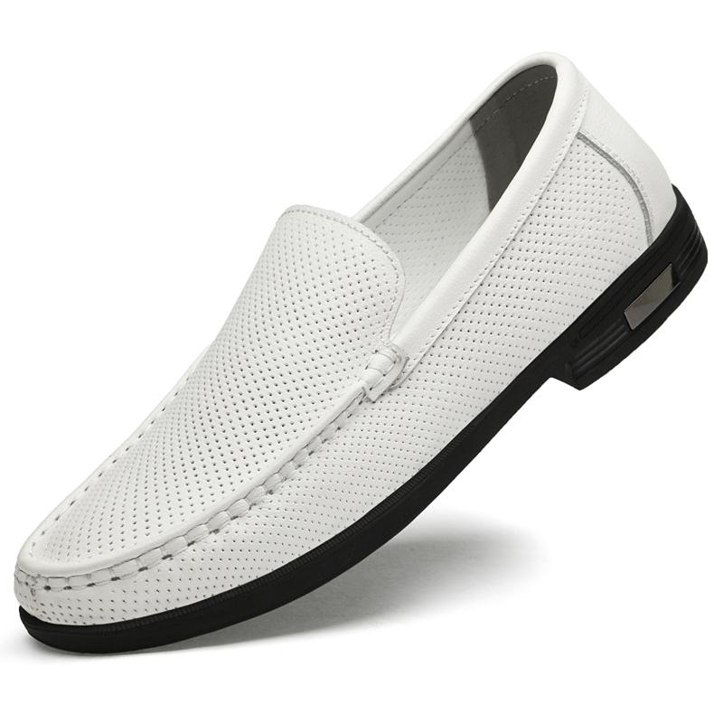Jarní Perforovaná Prodyšná Síťovina Lehké Neformální Bílé Boty z Pravé Kůže Pohodlné Měkké Podrážky Baleríny Nazouvací Pánské Boty