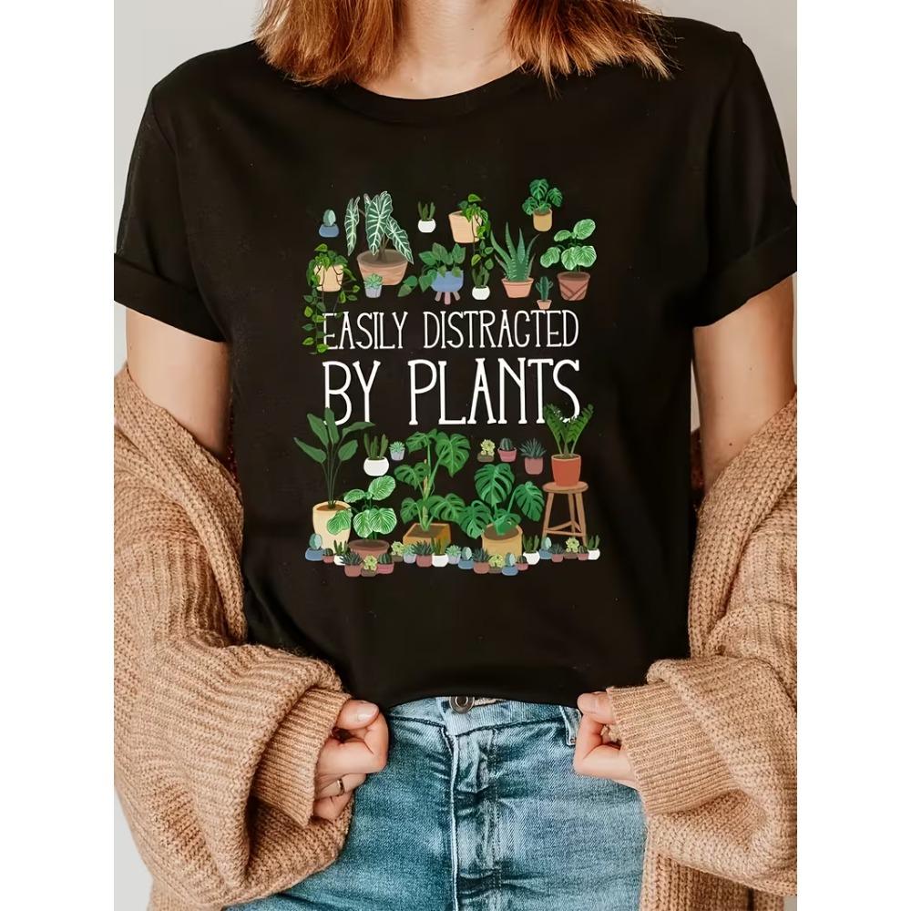 T-shirt Grafica con Lettera Pianta da Donna Casual Manica Corta Divertente Stampa Pianta da Casa Morbida Comoda Girocollo Top