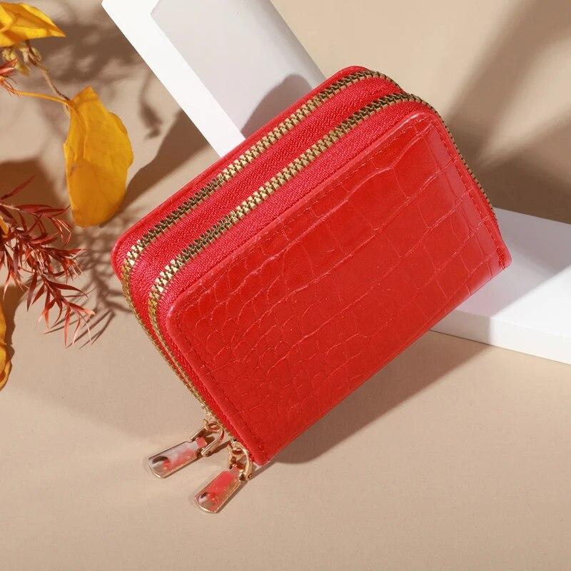 Elegante cartera multitarjetas para mujer - Cartera de mano con doble cremallera | Monedero informal de piel sintética con elegante tarjetero de cocodrilo