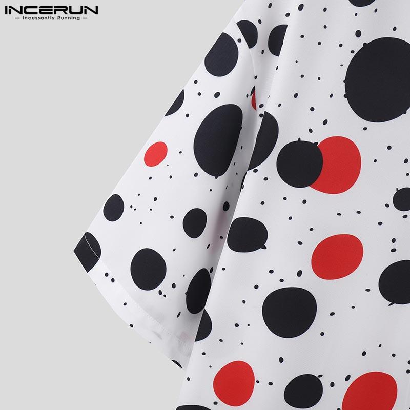 INCERUN Men Summer Lapel Neck Polka Dots Tops Casual Buttons Print Half Sleeve Shirt