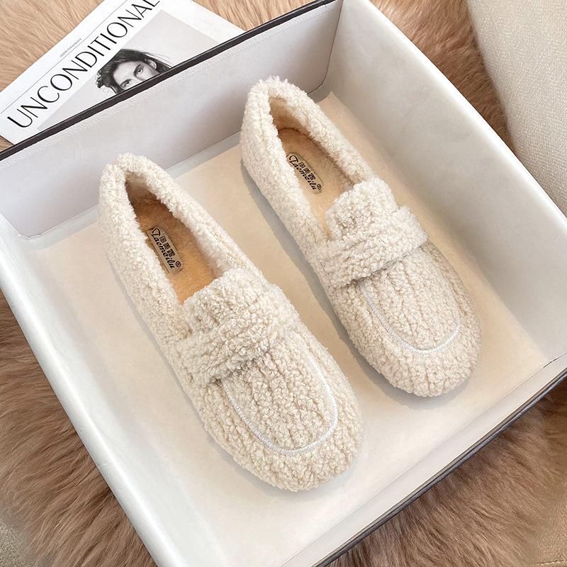 Fashion 2025 Ladies Luxury Lambswool Loafers Moccasins Femme Winter Cotton Shoes Women Warm Plush Slip On Curly Furry Sheep Fur Flats
