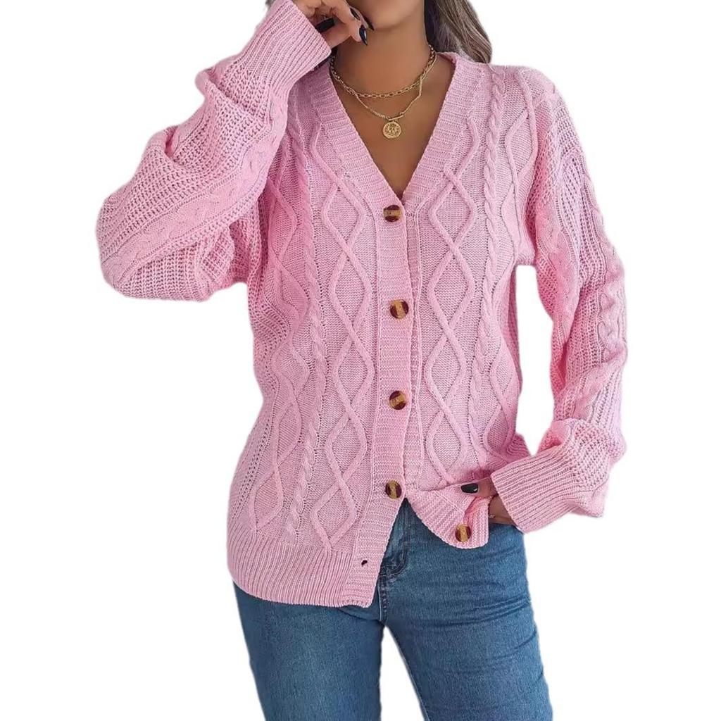 2025 Autumn/Winter V-neck Lantern Sleeve Cable Knit Button Cardigan Sweater for Women