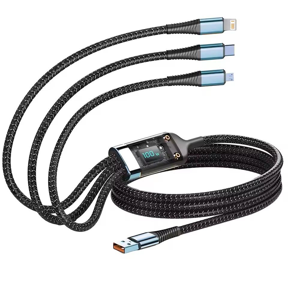 

100W Fast Charging Cable 3 In 1 Multi Charger Cable Nylon Braided Multiple USB Universal Charging Cord Adapter with Type-C Micro 1.2M чёрный