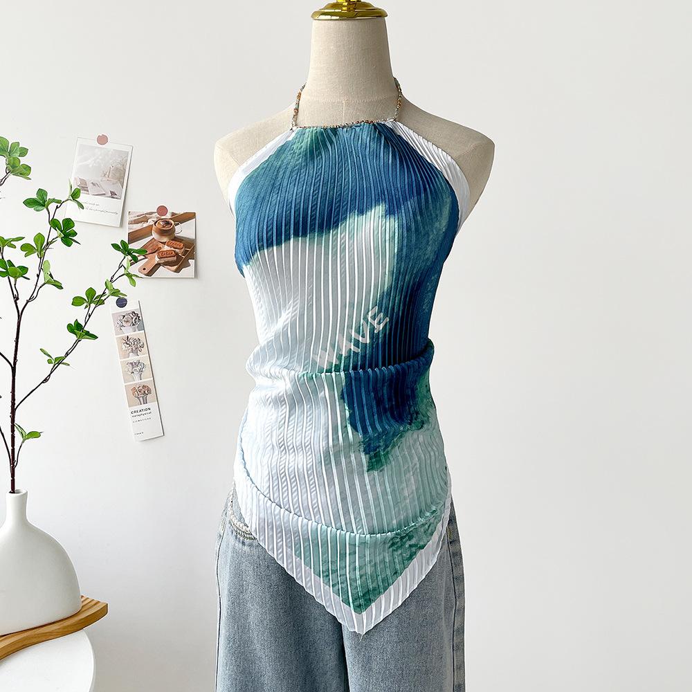 Women s Summer Oil Painting Print Halter Top Pleated Cropped Spicy Girl Beach Vacation Backless Camisole one size синий