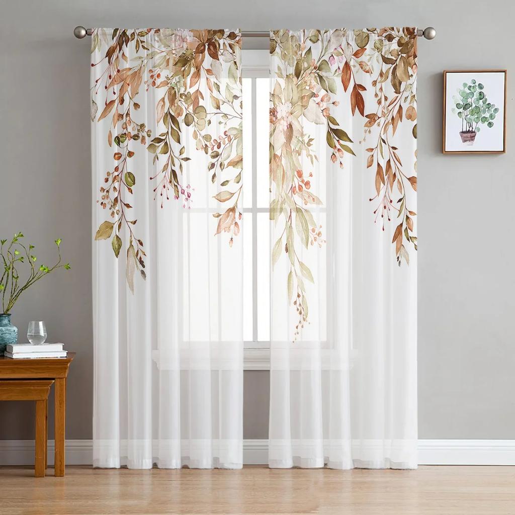 Thanksgiving Autumn Spring Season Leave Light Voile Curtains Perfect for Bed Chamber Soft Tulle Window Panel Curtain Perfect for Living Room Sheer