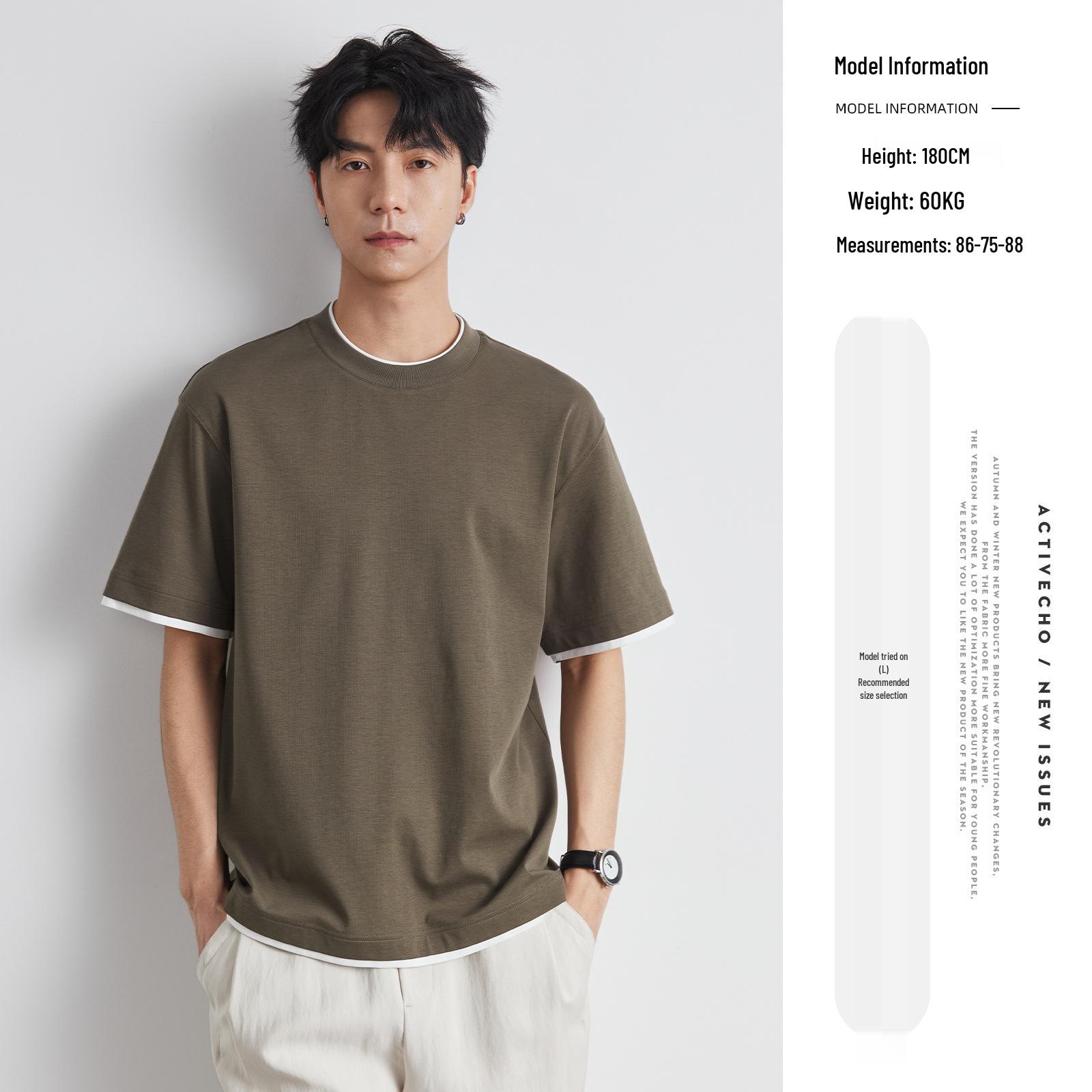 

Стильная мужская футболка Yi Zhi два в одном с коротким рукавом - Летняя коллекция 2025, корейская мода Large оливковое зеленый