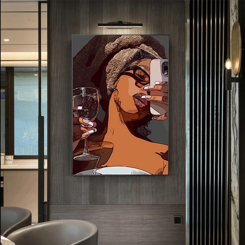 Mote Svart jente Lerretsmaling Frisørsalong Champagne Veggkunst Stueplakater og utskrifter Hjemmedekorasjoner