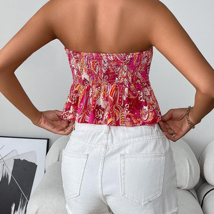 Women Sexy Off Shoulder Summer Tops Floral Print Sleeveless Strapless Tank Slim Waist Draw Pleats Hot Girl Spring Casual Blouse S-XL
