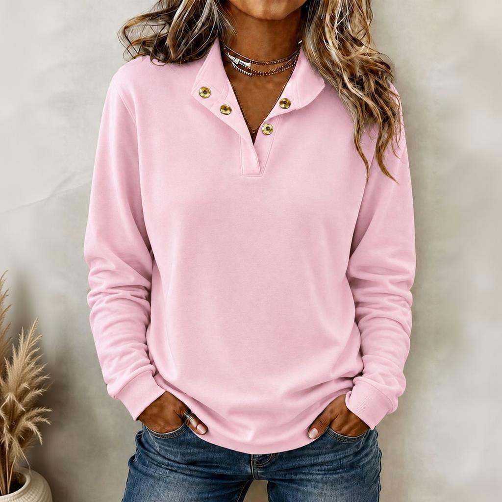 Women's Loose Fit Collared Button Front Sweatshirt, Color Long Sleeve Pullover