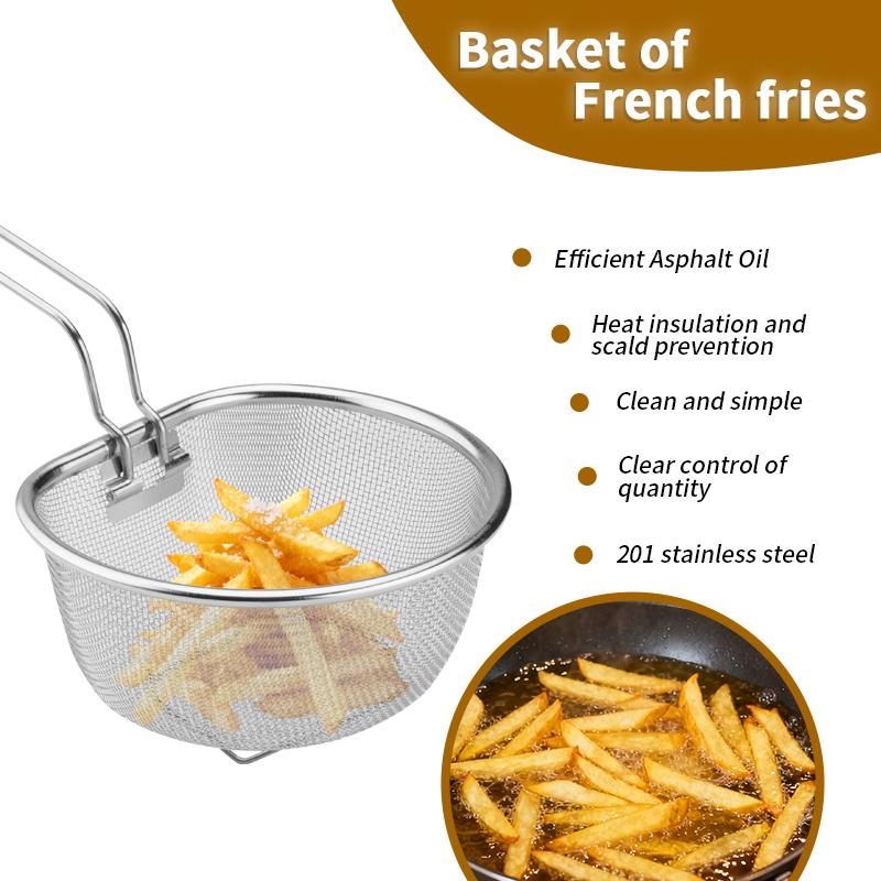 Stainless Steel Deep Fry Basket with Folding Handle Round Wire Mesh Deep Fry Basket for Air Fryer Fry Daddy for French Fries