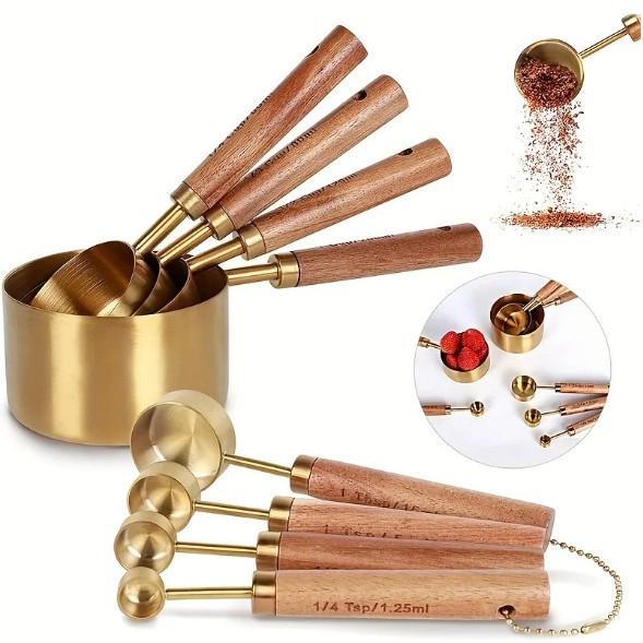 8-Piece Stainless Steel Measuring Cups & Spoons Set with Acacia Wood Handles for Baking & Coffee Seasoning