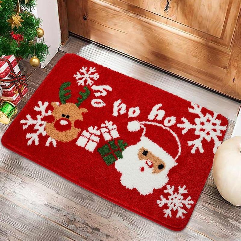 Red Christmas Print Faux Cashmere Bath Mat - Non-Slip Shower Rug & Festive Entryway Doormat