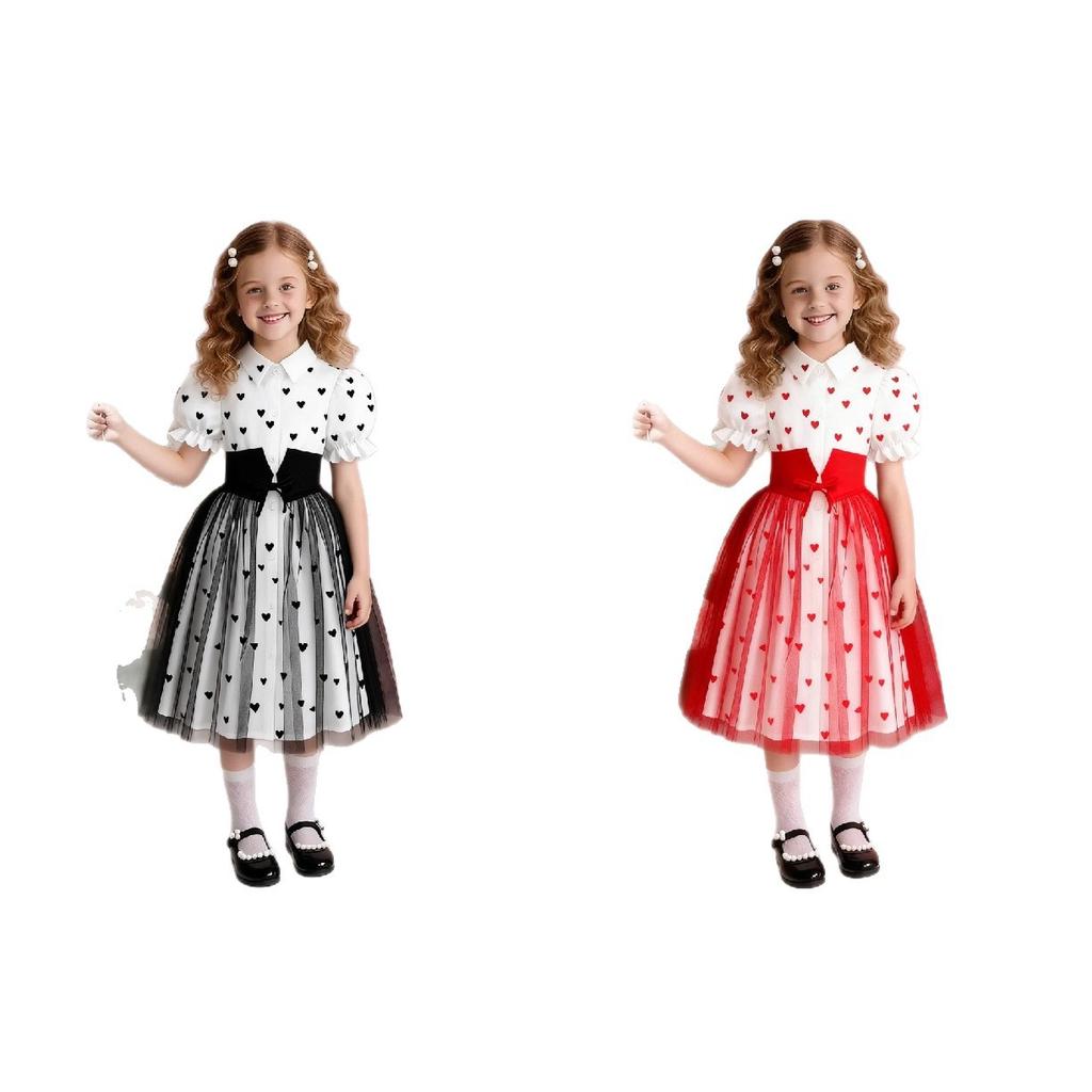 2-8Y Girls' Skirt Love Printed Princess Skirt Mesh Flying Sleeves Puffy Skirt Sweet Fashion Long Skirt