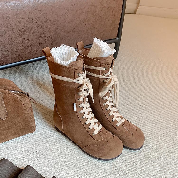 

Korean version of the new cow velvet Martin boots women s round head 2025 lace-up casual short boots inner height-increasing women s boots 40 темно-коричневого