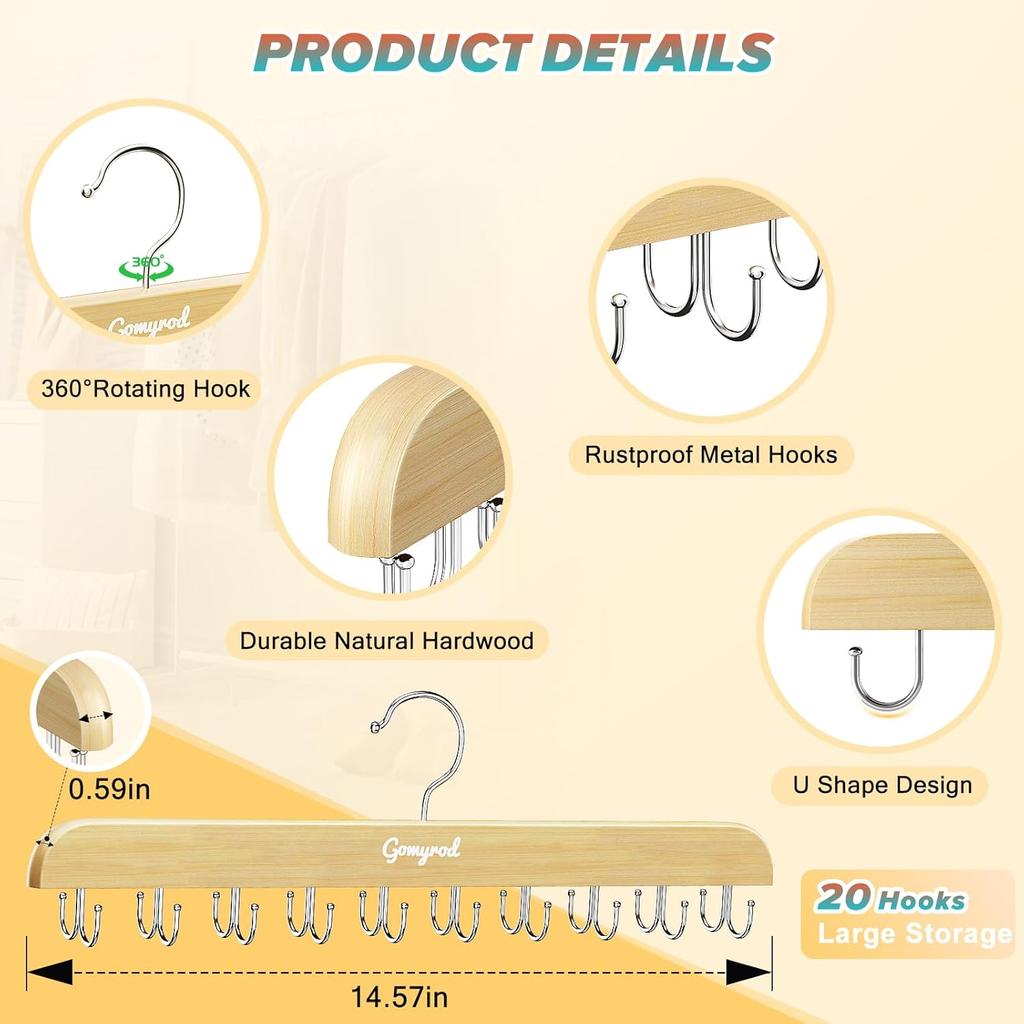Wieszak na biustonosze do szafy, Wieszaki na topy 2 szt. z 20 haczykami, Mieści 40 biustonoszy, Składany drewniany wieszak oszczędzający miejsce, Obrotowy o 360° Organizery do szafy