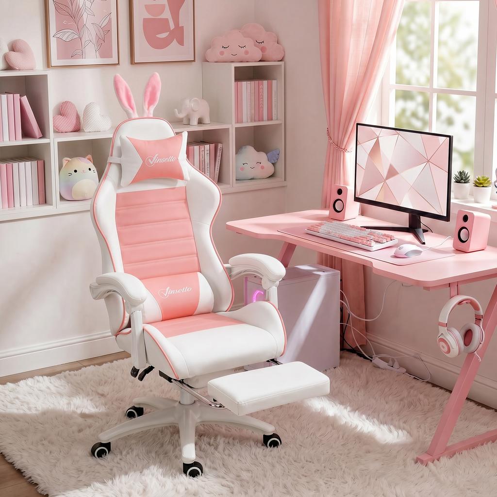 Gaming Chair, Ergonomic Gamer Chair with Lumbar Support, Footrest, Bunny Ears Headrest Pillow, Pink
