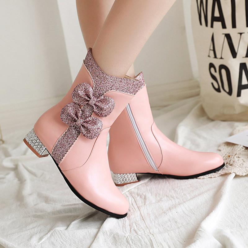 Autumn Winter Girls Boots New Style Sweet Bow Zipper Mid Boots High Heel Women's Boots Pink Lolita Student Boots Plus Size 28-43