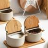 Japanese Style Ceramic Seasoning Jar Bamboo Lid Spice Jar With Spoon Kitchen Sugar Salt Spices Storage Box Household Container