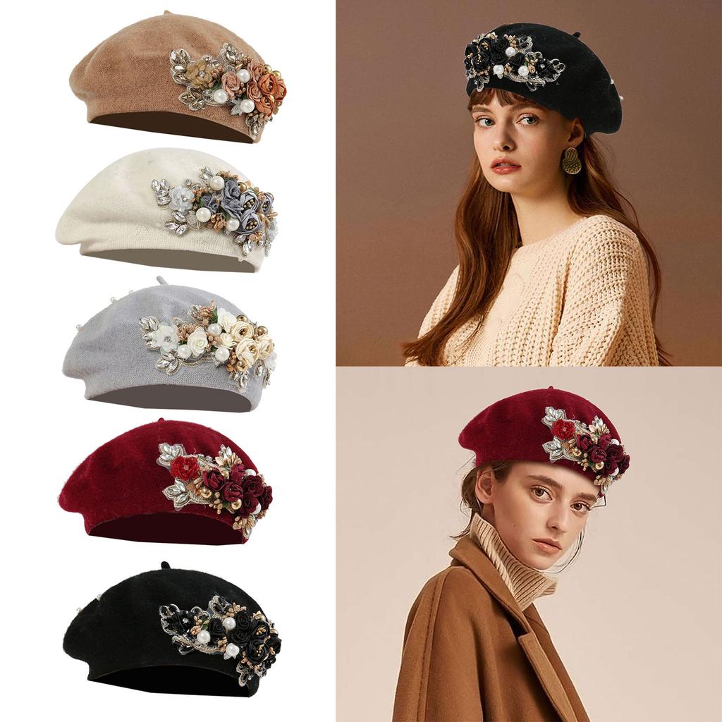 Pearls Studded Girls Beret Stylish Bowknot Headwear Painter Hat Show Small Face Versatile Painter Hat Flower