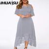 IHUASU Embroidery Lace Patchwork Plus Size Women Dress Flared Short Sleeve Cold Shoulder High Waist