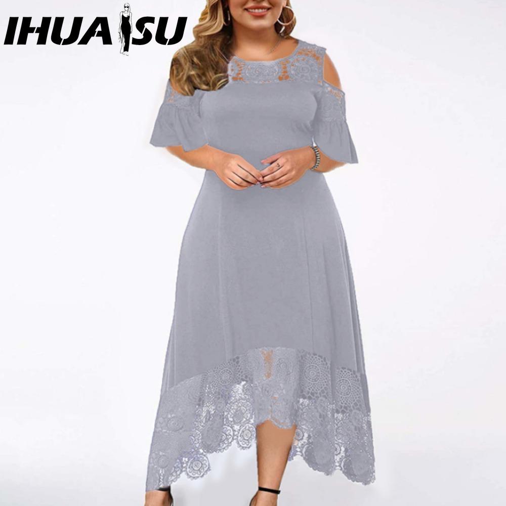 IHUASU Embroidery Lace Patchwork Plus Size Women Dress Flared Short Sleeve Cold Shoulder High Waist