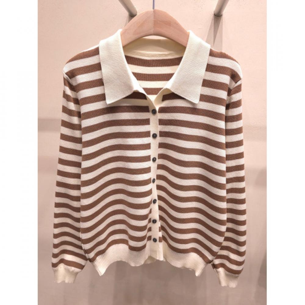 Shop Women S Daily Collared Striped Knit Cardigan Brown 21dS Wcd260094