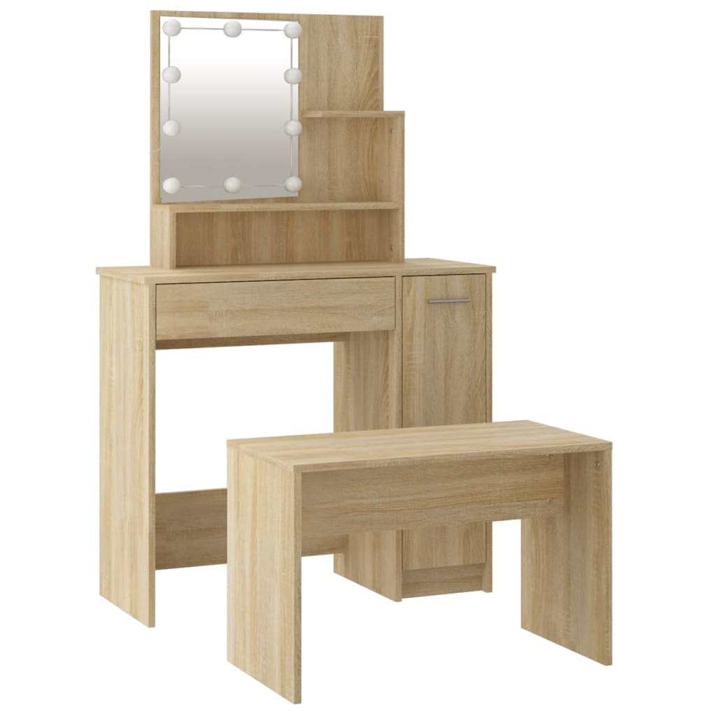 Vanity Table Set with LED Sonoma Oak Engineered Wood