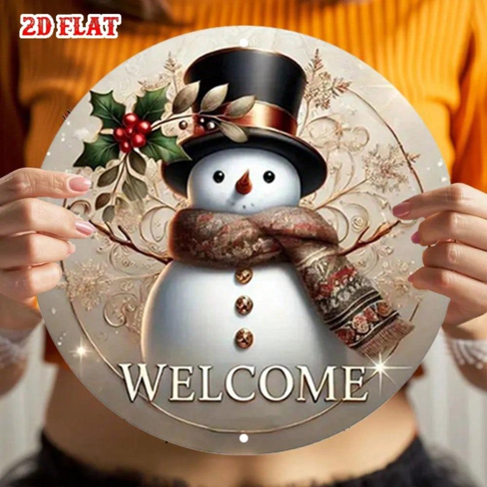 Vintage Snowman Metal Wall Art Round Rustic Christmas Decor Farmhouse Holiday Welcome Sign Winter Home Decor Aluminum Gift