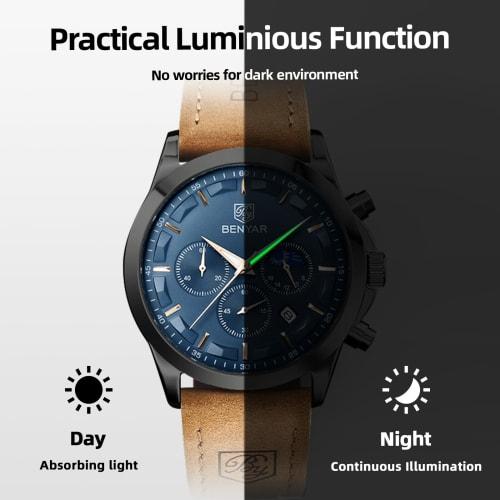 Watches Men's BENYAR Multi Calendar, Chronograph, Business Formal Men's Leather Strap, Analog Watch, Waterproof and Scratch Resistant Brown-Blue