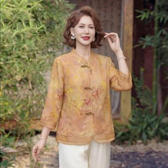 

Mom s 2026 Elegant Seven-Sleeve Summer Shirt for Middle-Aged Women 4XL жовтий