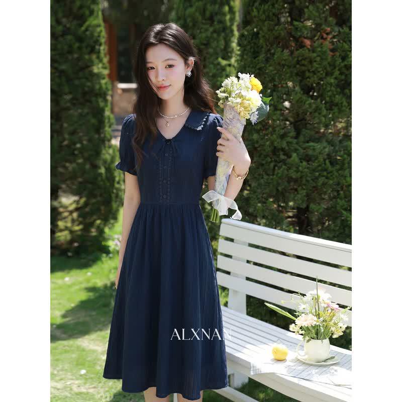 Luxiangnan French Dark Blue Polo Short-Sleeve Dress M