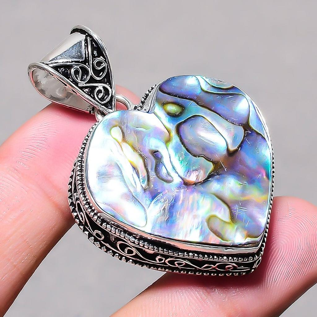 Natural Abalone Shell Vintage Pendant 2.2" Silver Tone Heart Gemstone Jewelry
