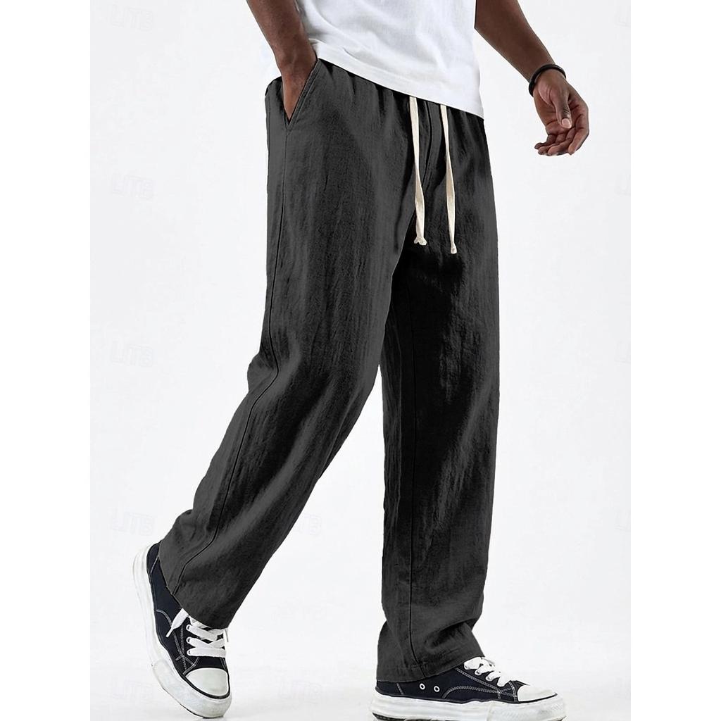 Spring Summer Men's Old Money Style Linen Cotton Loose Straight Wide Leg Trousers Drawstring Casual Pants