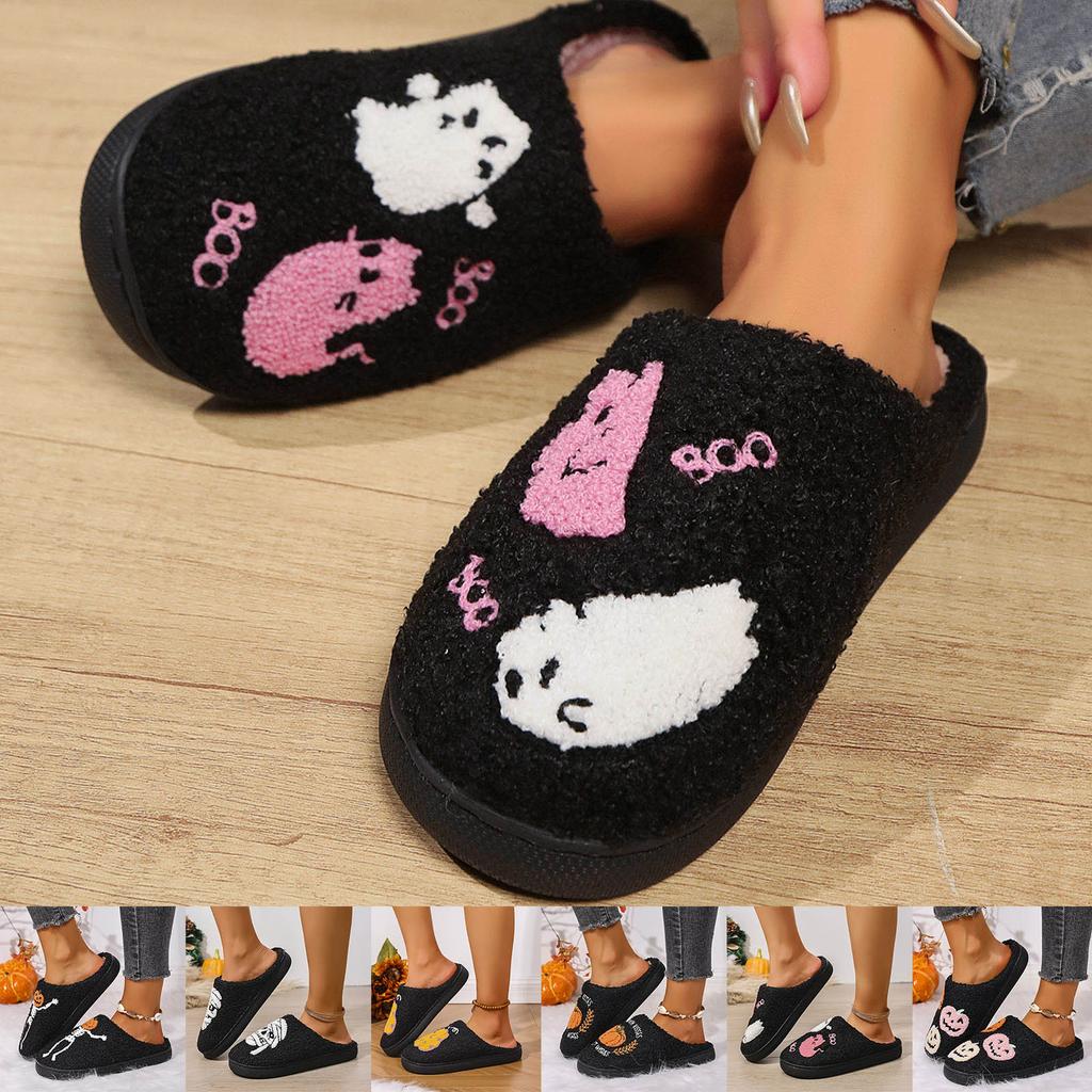 Women's Halloween Printed Plush Warm Cotton Slippers Fashionable And Casual Home Slip Closed Toe Womens Ballet Slippers Velour