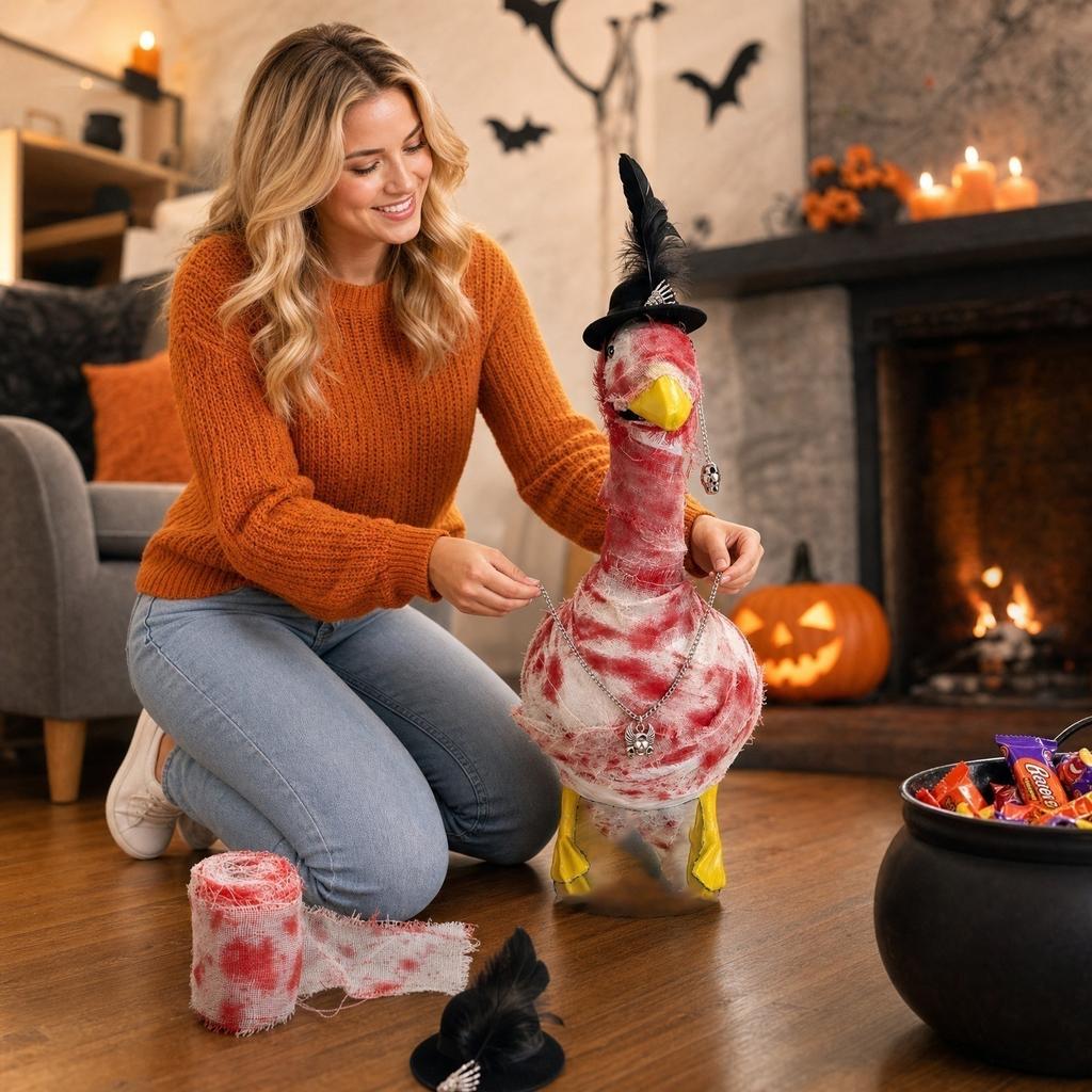 Porch Goose Costume Set with Hat Necklace Feather Accessories and Decorative Wrap for Holiday Seasonal Display