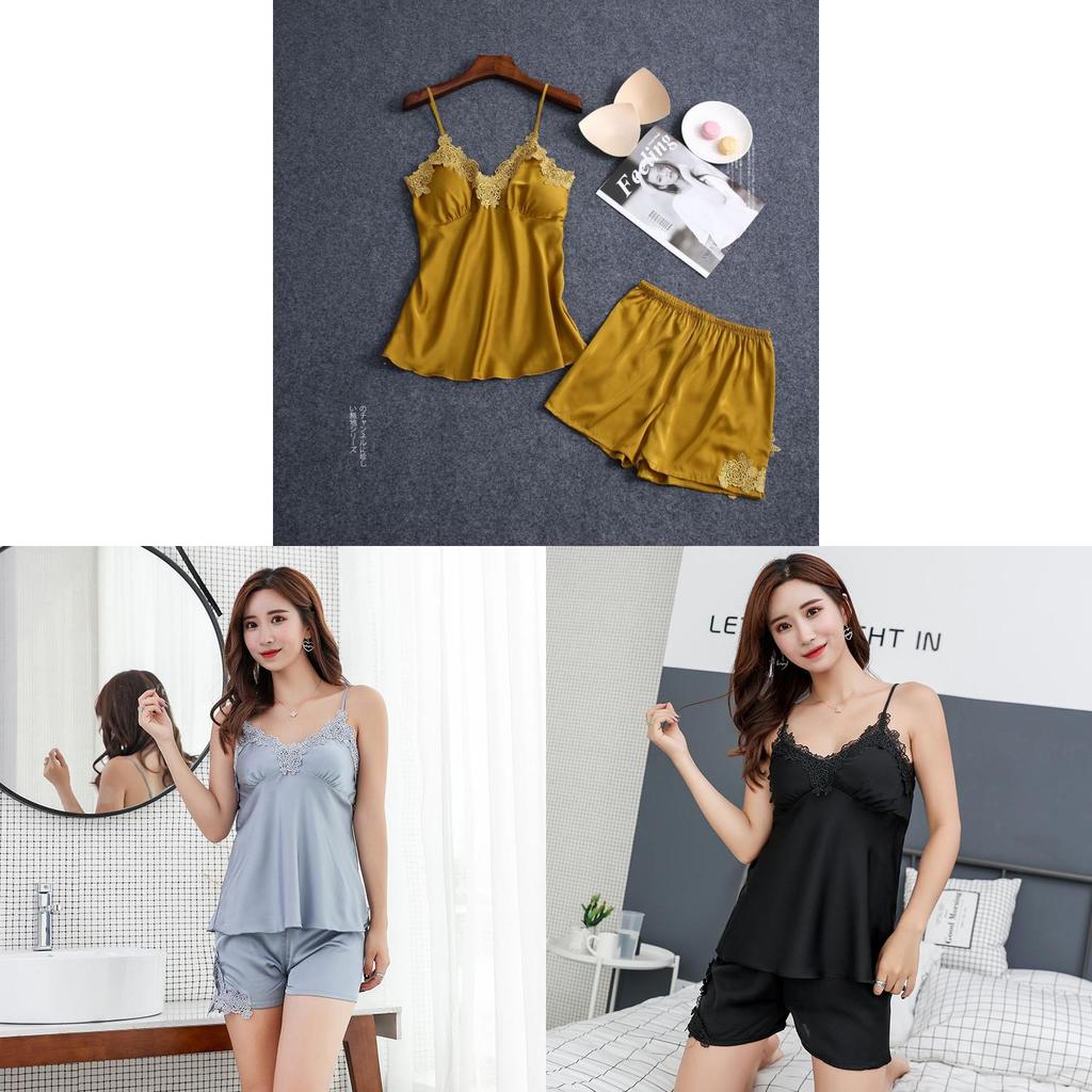 Kadınlar İçin Yazlık Lounge ve Uyku İçin Göğüs Pedli İpek Dantelli Pijama Takımı