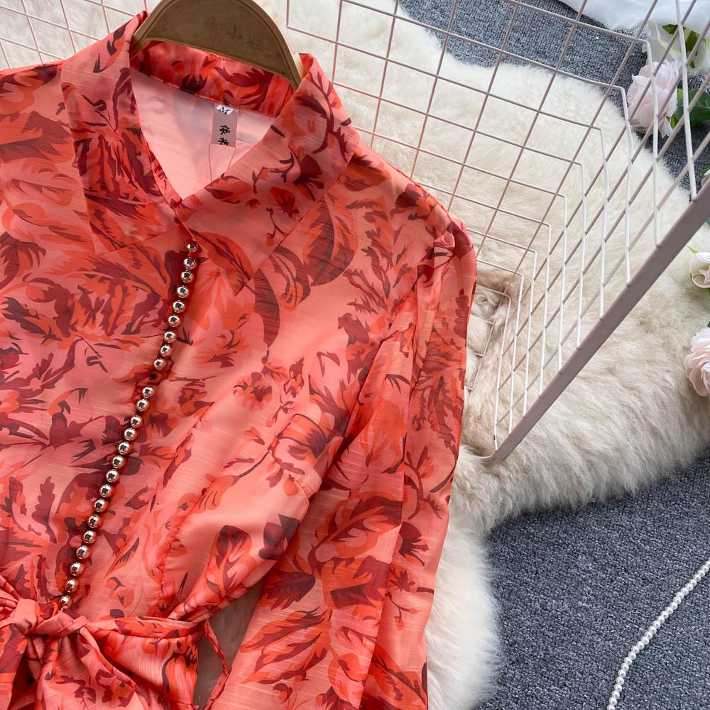 Damska Sukienka High Cold Imperial Sister Wind Wiosna i Jesień Wiązana w Pasie Elegancki Temperament Rozkloszowana Długa Sukienka