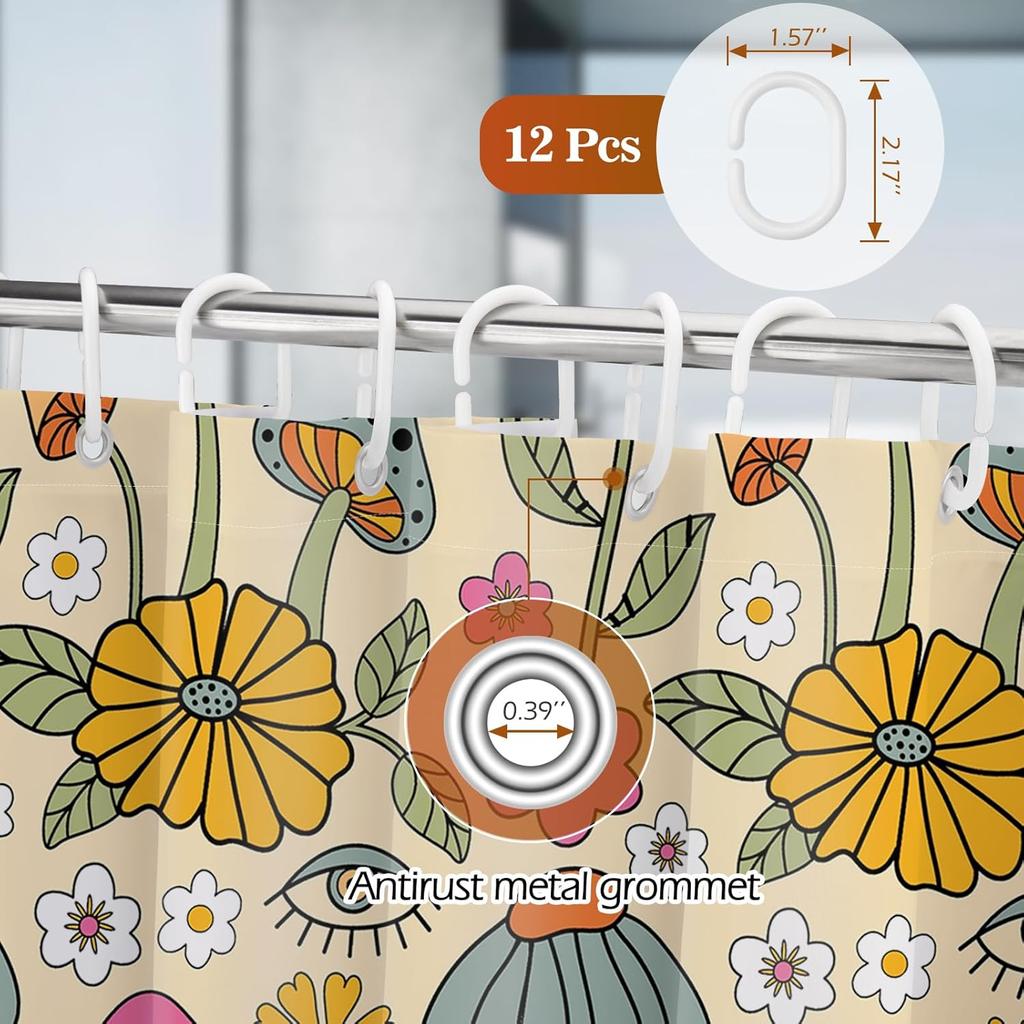 Aimego Boho Mushroom Shower Curtain - 60S 70S Retro Bohemian Flowers Eyes Floral Fabric Cloth Bath Shower Curtain Set With 12 Ho