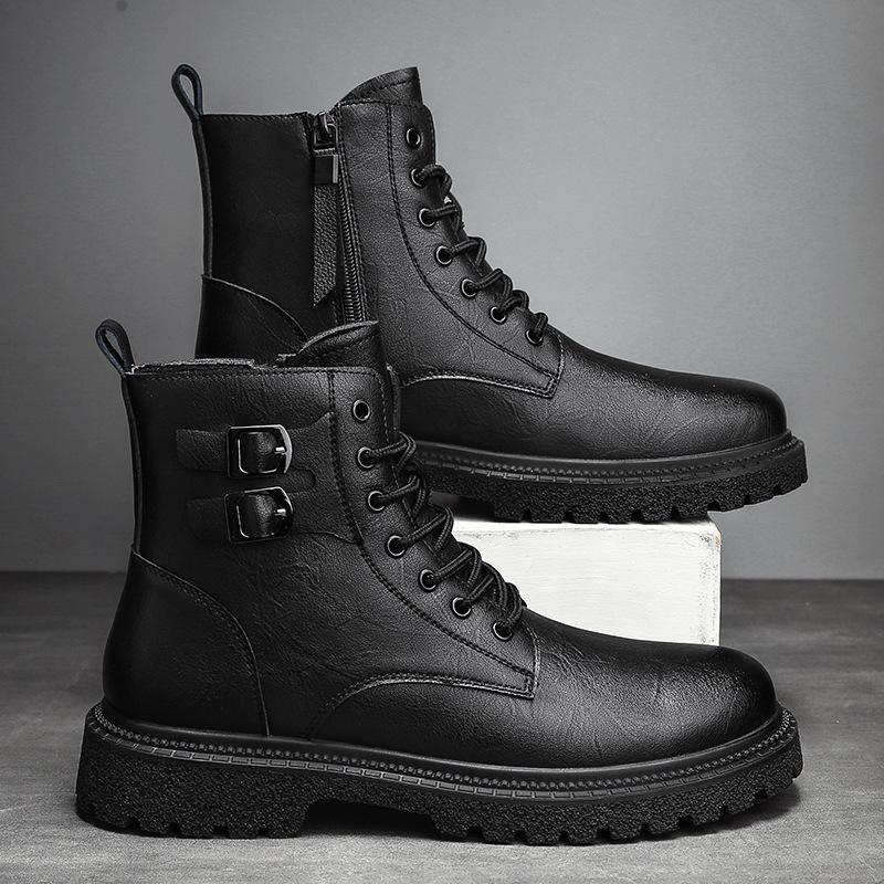 Large Size Martin Boots Men's Leather Boots, Autumn and Winter Leather Short Boots Fleece Thermal Cotton Boots Zipper Locomotive Boots