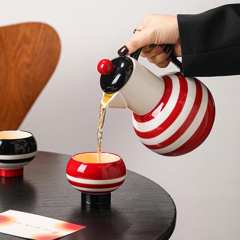 Gestreiftes Wasserset, Keramikkessel für heiß und kalt, Haushalt Hochtemperaturbeständige Teetassen-Kombination Geschenkbox, Speziell für nordischen Stil