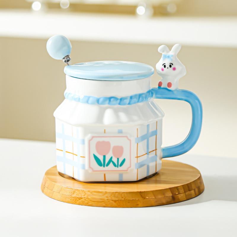 Tulip Rabbit Flower Couple Mug Creative High Value Home Office Ceramic Cup Coffee Cup with Lid
