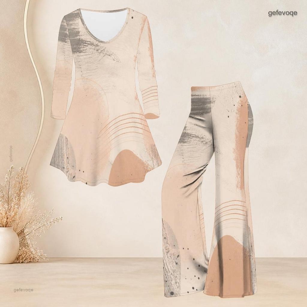 Women Plus Size Round Neck Three Quarter Sleeve Printed Flared Top And Flared Pants Two Piece Set