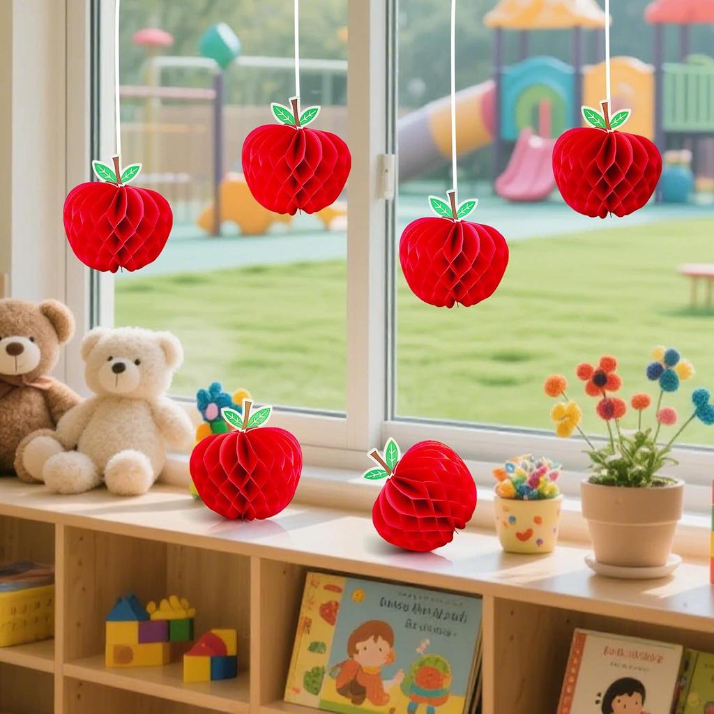 6 Pack 4.3 x 5.7 Inch Apple Honeycomb Decorations, Stand or Hang Tissue Paper Centerpieces, 3D Red Fruit Ornaments for Back to School, Teacher