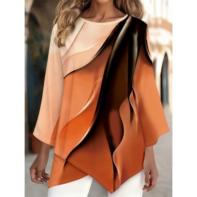 Marble pattern printed gradient design nine-quarter sleeve all-over printed irregular hem top S