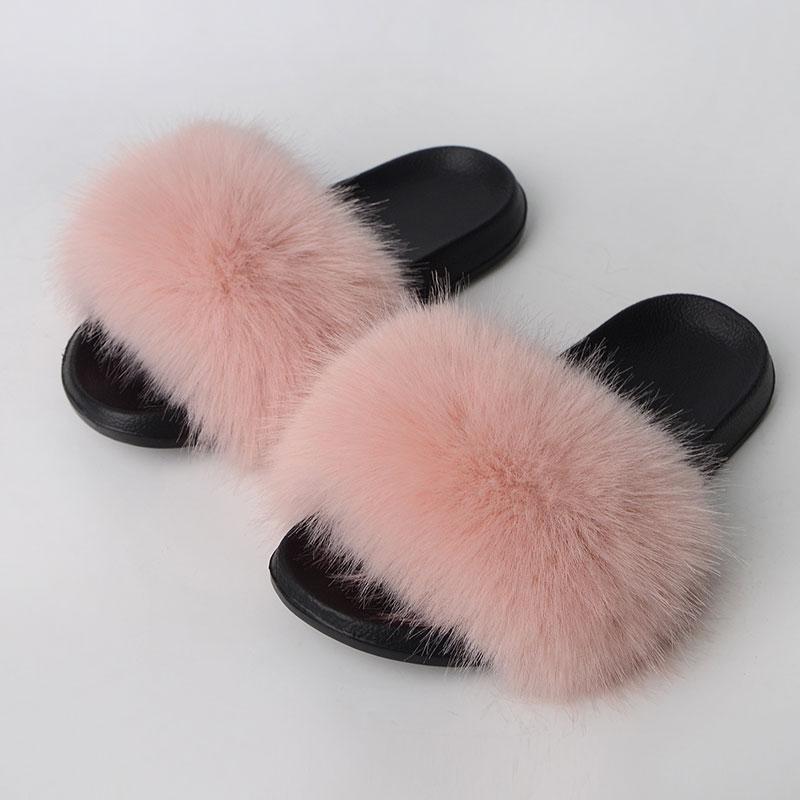 Women'S Faux Fox Fur Slippers Large Summer Open-Toe Fluffy Casual Anti-Slip Sandals Fluffy Black Slide Fur Slider