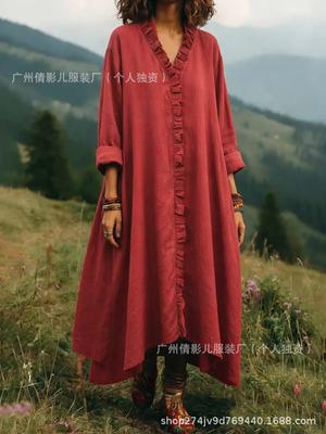 Robe longue à manches longues et volants, couleur unie, style rétro, en coton et lin, 2026