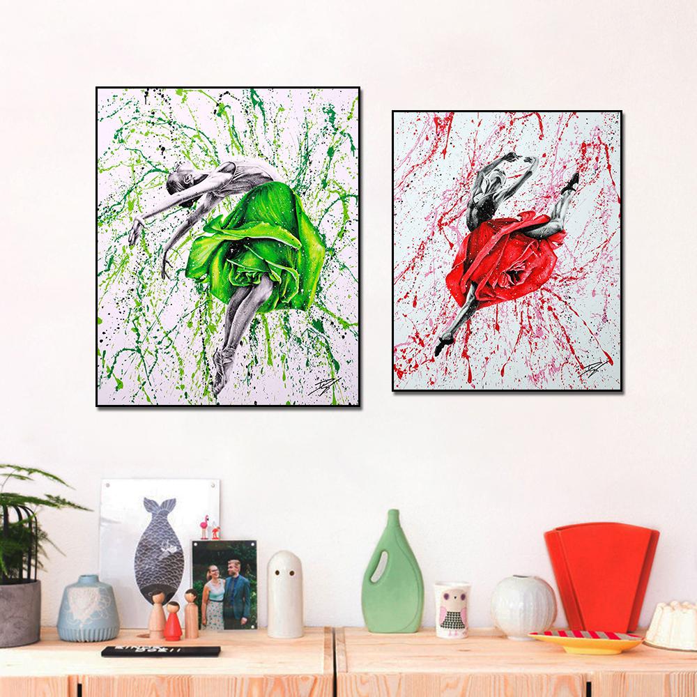 Original Elegant Women Dance Canvas Painting Wall Pictures For Living Room Modern Red Rose Flower Poster Wall Art Home Decor