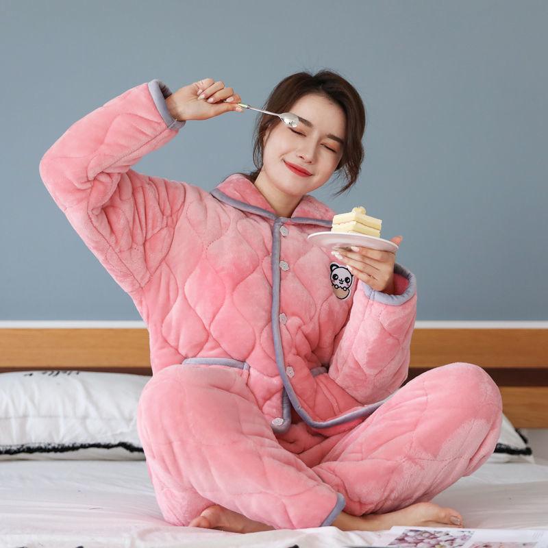 Pajamas women's three-layer thickened and cute winter can wear large-size warm padded loungewear