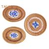 Handmade Rattan Coasters Heat Insulation Pads Kitchen Table Mats with Ceramic Inlay Decorative Placemats for Dining Room Bar