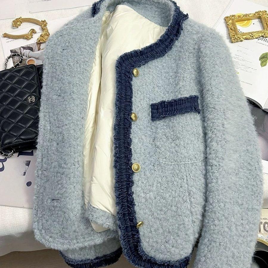 Elegant Blue Quilted Style Short Coat Thickened Down Filled French Jacket Autumn Winter Fashion Women Outerwear